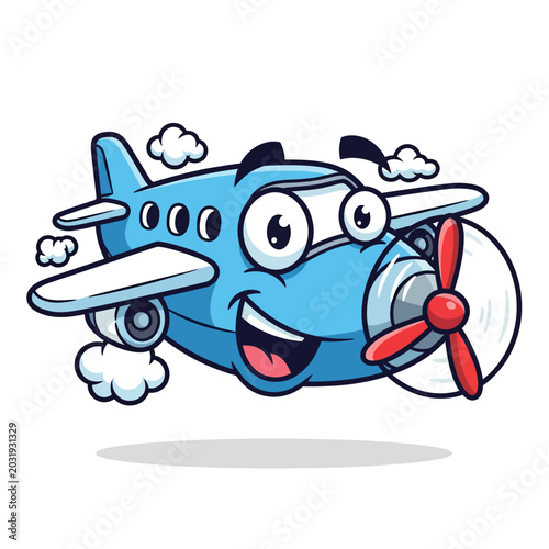 Cartoon Airplane Character Smiling, Flying, Isolated White Background.