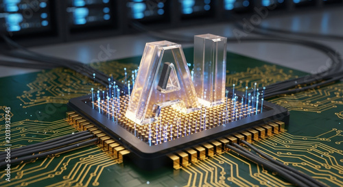 A glowing, futuristic AI chip with a prominent letter A on top, surrounded by intricate circuitry and illuminated with blue lights, symbolizing advanced technology and artificial intelligence.
