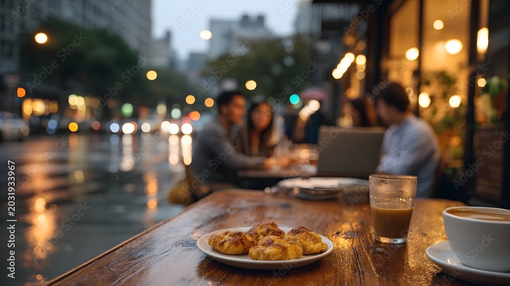 Fototapeta premium A warm atmospheric view of a restaurant table set with food and a drink against a blurred city backdrop
