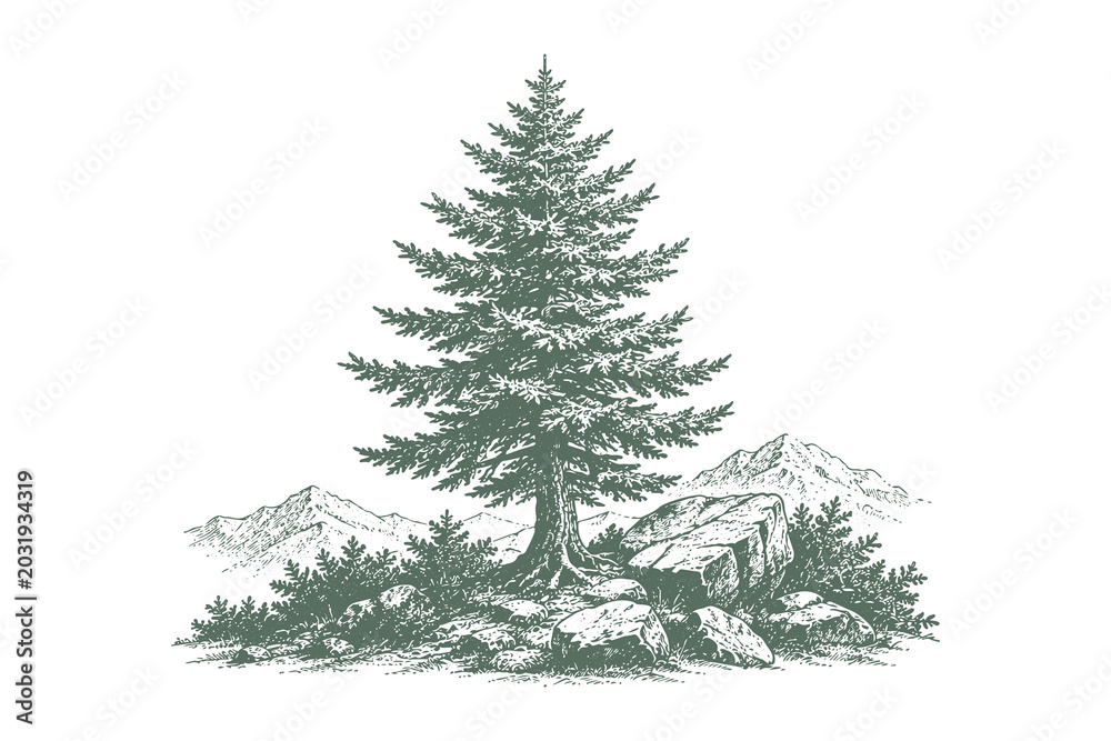 Obraz premium Evergreen pine tree engraving vector illustration with detailed botanical line art mountain scenery for vintage graphic resources
