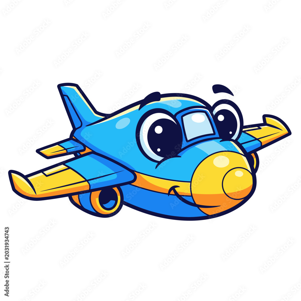 Naklejka premium Cartoon Airplane Illustration - Blue and Yellow Flying Plane with a Smiling Face