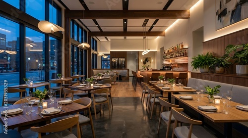 Contemporary Restaurant Interior Design with Evening City View
