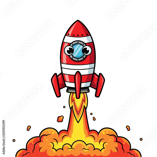 Cartoon Rocket Ship Launching into Space - White Background