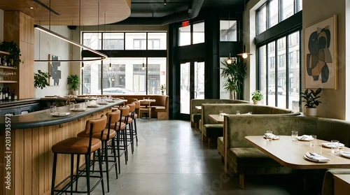 Obraz Modern Restaurant Interior Featuring Stylish Bar Seating Area
