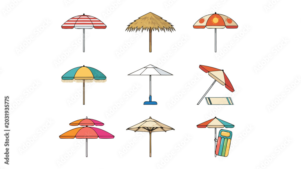 Obraz premium Set of 9 Unique Beach Umbrella Icons for Summer Vacation and Travel Graphics, Featuring Various Styles Like Tiki, Striped, and Fringed, Flat Design Vector Illustration for Holiday and Leisure.