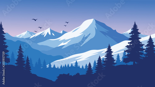 Cuadro en lienzo Beautiful Snowy Mountain Landscape with Pine Tree Forest Silhouette and Flying B