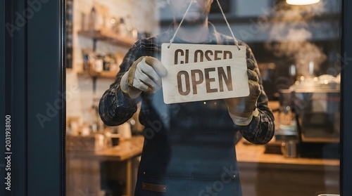 Business Owner Flipping Sign to Open on Window