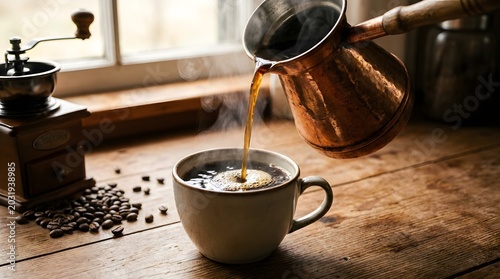 Traditional Copper Pot Pouring Fresh Coffee into Cup