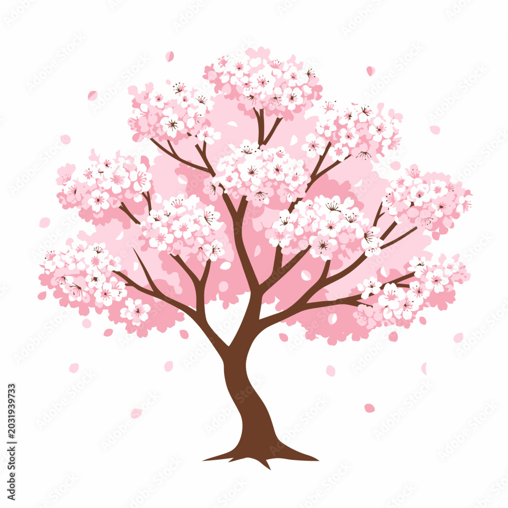 Fototapeta premium Cartoon Cherry Blossom Tree with Pink Petals, Isolated