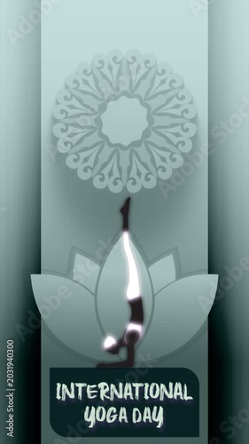 International Yoga Day Animation with Woman in Headstand Pose, Lotus Mandala Background and Mindfulness Theme