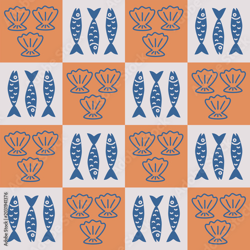 Hand-drawn cartoon fish and seashells on checkered seamless pattern. Vector marine background. Nautical design for textiles, card, stationery, phone cases, paper gifts, wallpaper, wrapping.