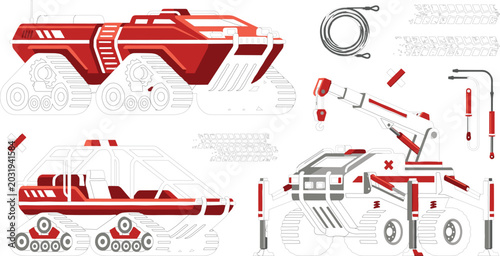 Obraz na płótnie Futuristic sci fi planetary exploration tracked vehicle vector kit with heavy re