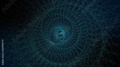 Sacral geometry radial wave circles, magnetic dust particles blue and black abstract background illustration or banner