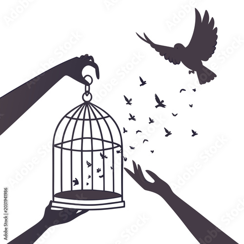 Foto Hands opening a birdcage releasing birds a dark purple vector illustration on a
