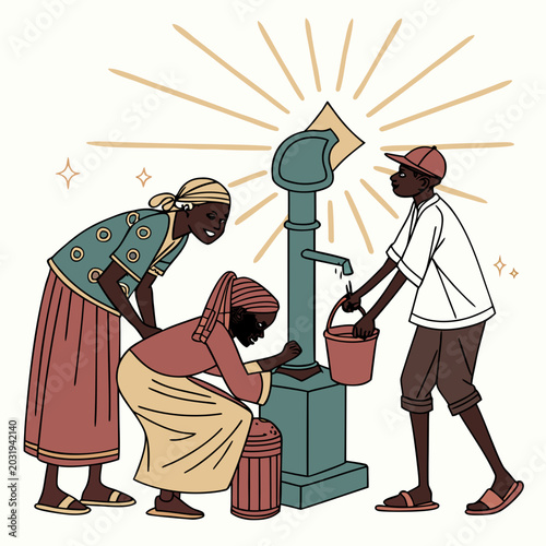 Foto People filling buckets at a water pump a colorful vector illustration with radia