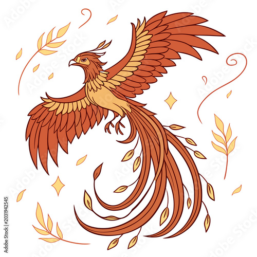 Canvas Print Phoenix illustration with flowing tail feathers and surrounding foliage rendered