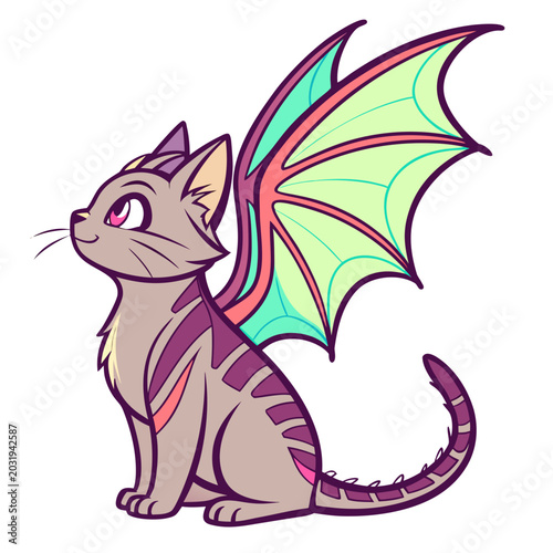 Fotografie Fantasy vector illustration of a winged cat with teal and purple coloration on a
