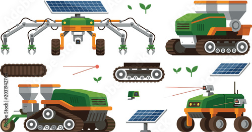 Fotografi Smart autonomous agricultural robot vector set with futuristic solar powered far
