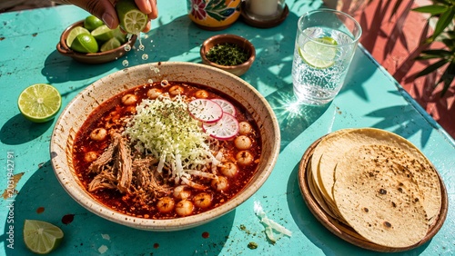 Overhead View of Sunlit Pozole Rojo on Turquoise Patio Table