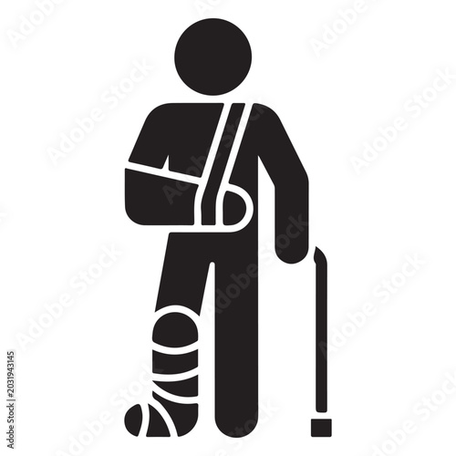 Injured man with broken arm leg bandage and walking stick vector