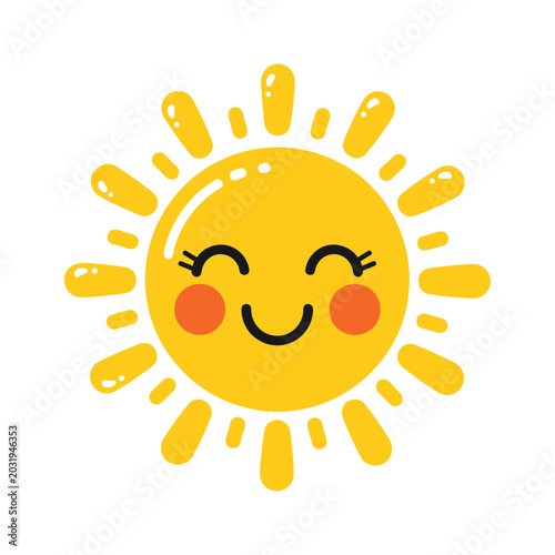 Photos Smiling sun cartoon character with yellow rays and rosy cheeks
