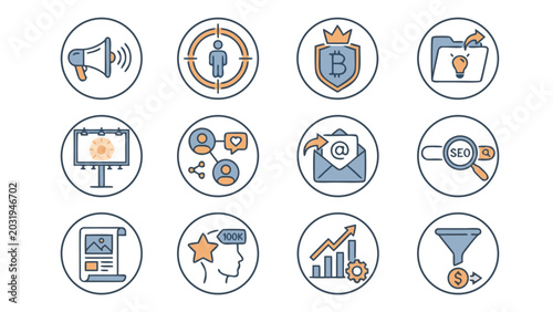 Comprehensive set of 12 marketing and advertising icons including megaphone, target audience, brand, campaign, billboard, social media, email marketing, SEO, content, influencer, and sales funnel.