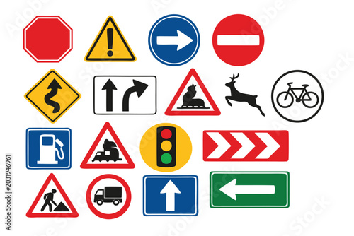 Comprehensive Collection of Flat Vector Road Signs and Traffic Symbols: Warning, Regulatory, Informational, and Directional Icons for Transportation, Infrastructure, and Safety Design Projects.