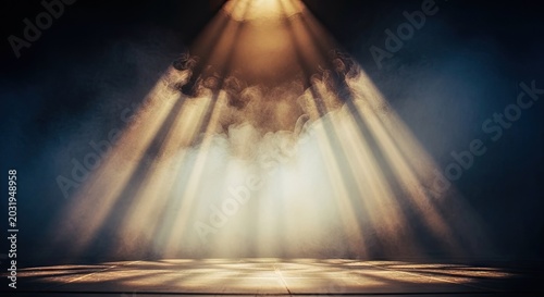 Dramatic spotlight beams illuminating a dark stage with smoke and shadows