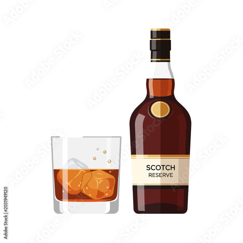 Scotch Whisky Bottle and Glass with Ice Cubes, Vector Illustration