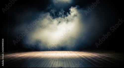 Dramatic stage with spotlight and atmospheric smoke background for conceptual use