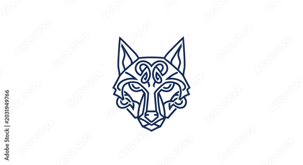 Fototapeta premium Minimalist blue wolf head line art on white background