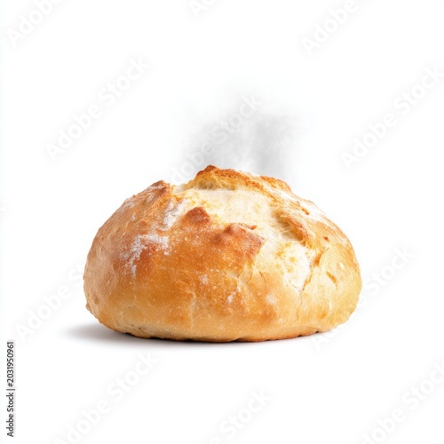 Freshly Baked Delicious Round Bread Loaf with Steam Rising on White Background