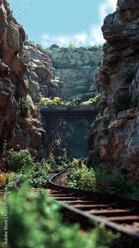 Scenic Railway Track Carving Through Rocky Mountain Landscape.