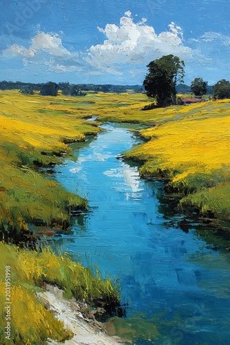 Serene Landscape Painting - River Flowing Through Golden Fields Under Cloudy Sky.