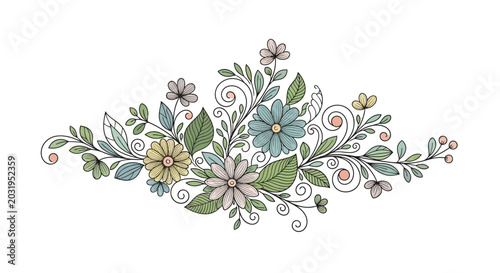 Floral Illustration: Hand-drawn botanical design with colorful blossoms