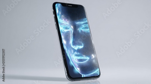 Angled smartphone showcasing facial overlay in studio lighting, neon contour lines trace profile and facial landmarks, product designer demonstrating interface interaction, sleek reflective surface