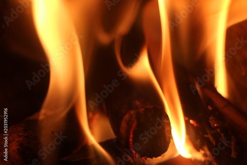 Close Up of Firewood Burning with Golden Flames in a Traditional Stove