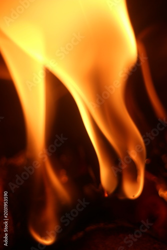 Close Up of Firewood Burning with Golden Flames in a Traditional Stove