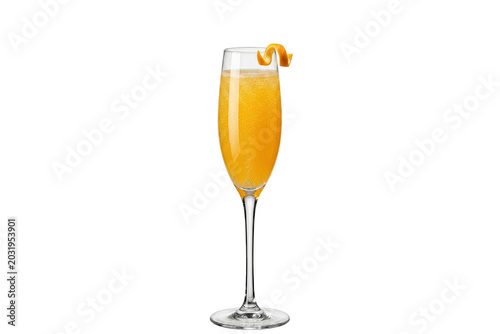 premium classic mimosa champagne cocktail with orange twist garnish in a crystal flute glass on transparent background