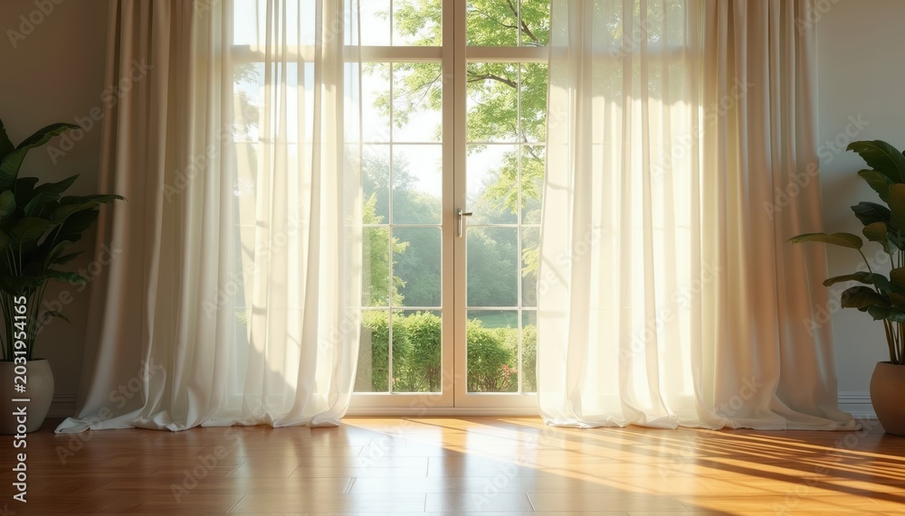 Obraz premium Sunlight streams through sheer curtains onto a polished wooden floor. A large window reveals a rich green garden. Two potted plants flank the window, adding life to the room.