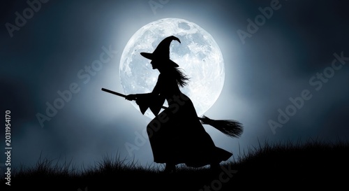 Witch Silhouette Flying on Broomstick in Front of Full Moon