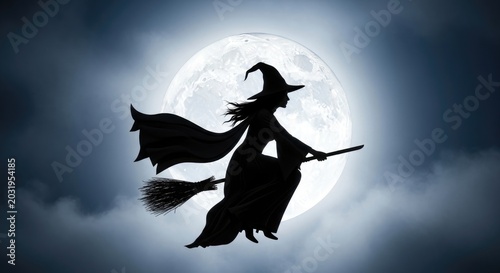 Witch Silhouette Flying on Broomstick in Front of Full Moon
