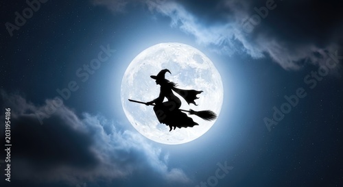 Witch Silhouette Flying on Broomstick in Front of Full Moon