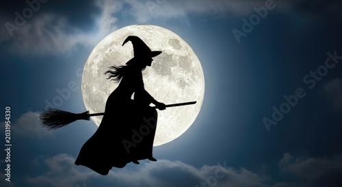 Witch Silhouette Flying on Broomstick in Front of Full Moon