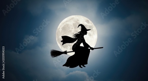 Witch Silhouette Flying on Broomstick in Front of Full Moon