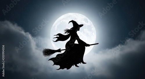 Witch Silhouette Flying on Broomstick in Front of Full Moon