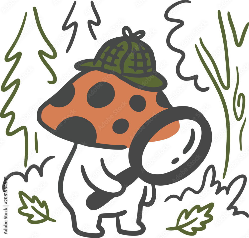 Obraz premium Cartoon mushroom detective with magnifying glass and deerstalker hat in forest
