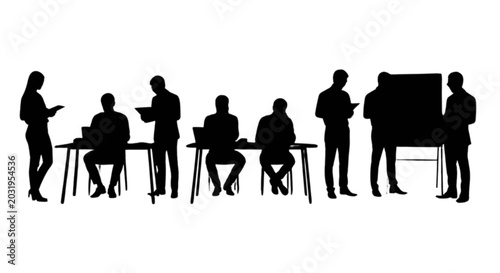 Business people meeting, office teamwork, black silhouettes, professional collaboration, white background