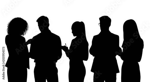Business people silhouettes, corporate team icons, black office professionals, group meeting illustrations