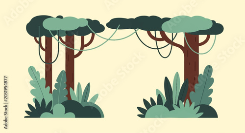 Quadro su tela Vector flat design illustration of a lush jungle scene with trees and hanging vi